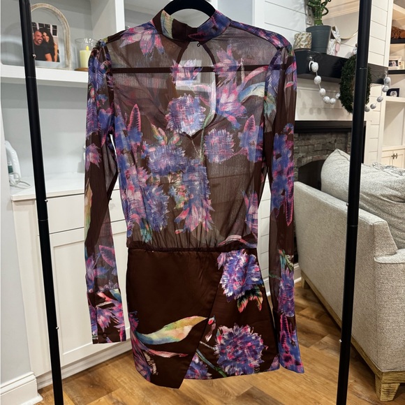 Rococo Sand Brown Floral Long-Sleeve Mini Dress with Purple Print - Picture 3 of 9